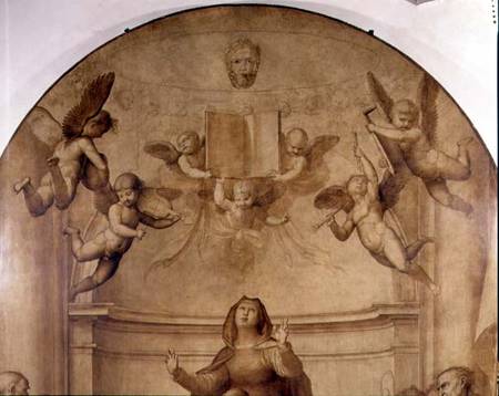 The Great Council Altarpiece, detail depicting musical angels holding aloft a book van Fra Bartolommeo