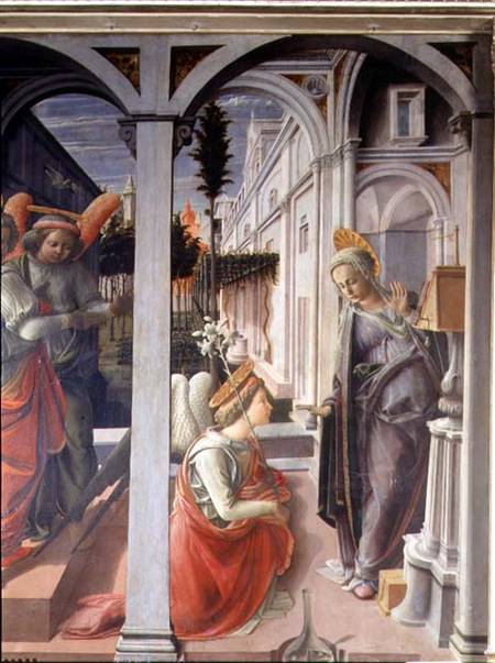The Annunciation, detail of Angel Gabriel and Virgin van Fra Filippo Lippi
