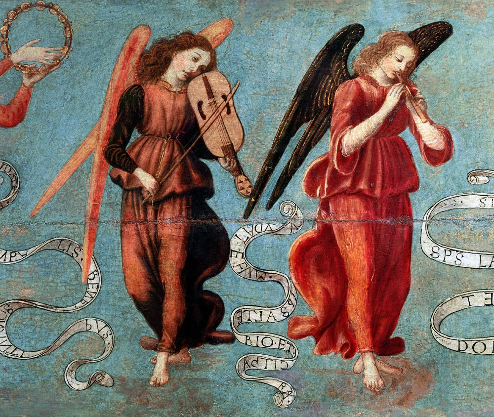 Angels playing the fiddle and pipe van Francesco Botticini