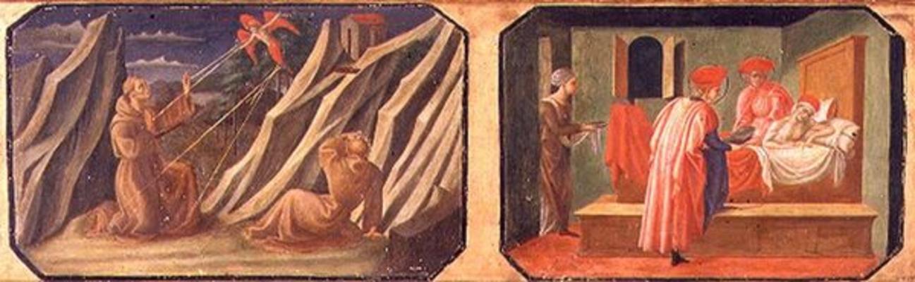 (LtoR) St. Francis of Assisi receiving the stigmata, SS. Cosmas and Damian healing a sick man; copie van Francesco di Stefano Pesellino