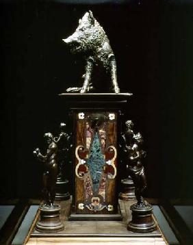 Statue of a wild boar on a pedestal of pietre dure with four allegorical figures
