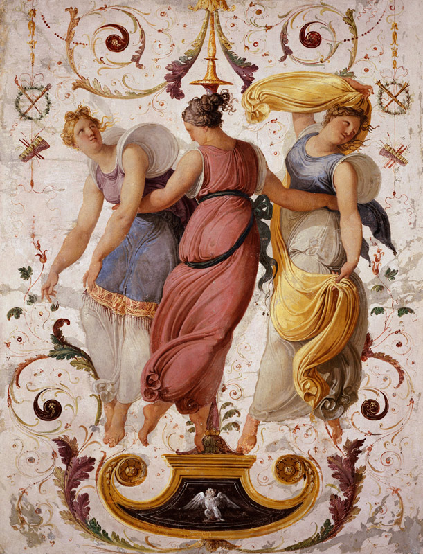 Detail of decorative panel with three female dancers (panel) van Francesco Hayez