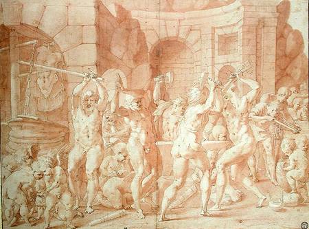 Cylopses in the Forge of Vulcan (pen & ink and red chalk on paper) van Francesco Primaticcio