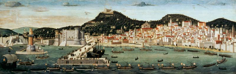 View of Naples depicting the Aragonese fleet re-entering the port after the Battle of Ischia in 1442 van Francesco Rosselli
