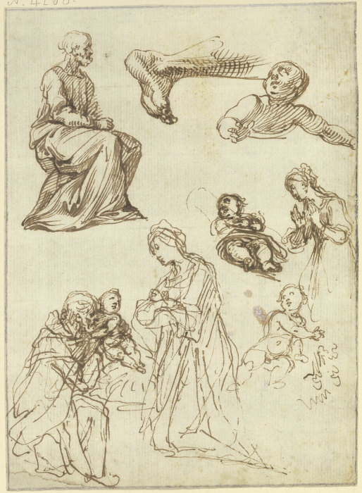 Studienblatt: Apostel, Geburt und Anbetung Christi, Fuß eines Knienden van Francesco Vanni