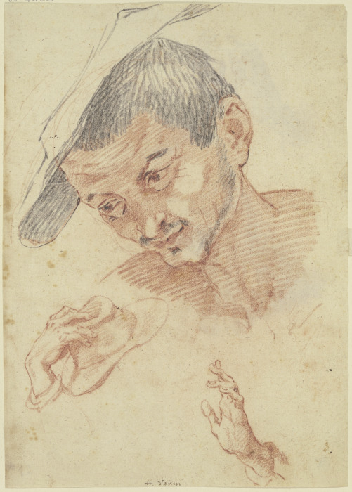 Studienblatt: Kopf, eine den Hut abnehmende Hand sowie die anbetend erhobene Hand eines anbetenden H van Francesco Vanni