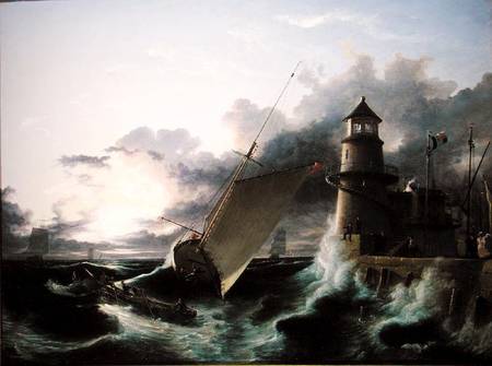 Boat by a Lighthouse, a Squall Going Off van Francis Danby
