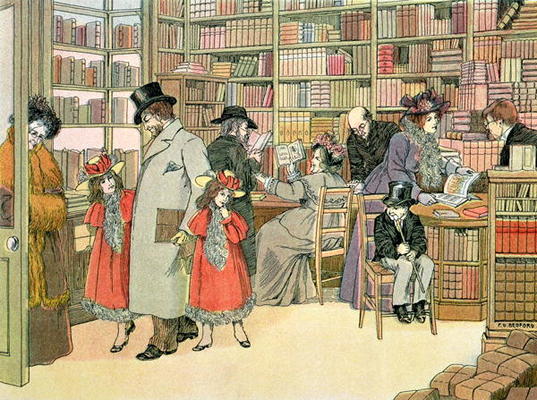 The Book Shop, from 'The Book of Shops', 1899 (colour litho) van Francis Donkin Bedford