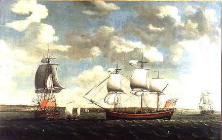 Portrait of an East Indiaman in three positions off Portsmouth van Francis Holman