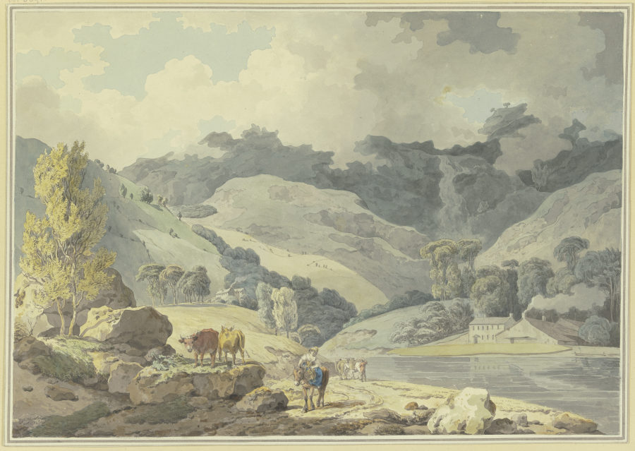 Gebirgslandschaft, auf dem Weg ein Mädchen zu Pferde, links zwei Kühe van Francis Wheatley