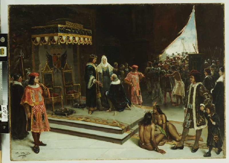 Kolumbus am spanischen Hof nach seiner Rückkehr aus Amerika van Francisco Garcia Santa Olalla