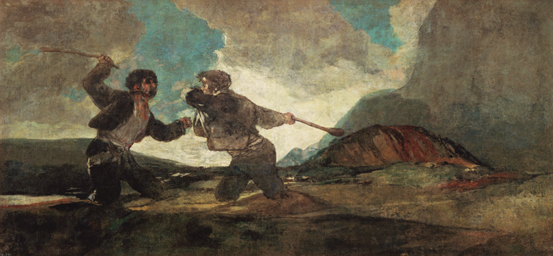 Duell mit Knüppeln (Aus den schwarzen Bildern der Quinta del Sordo) van Francisco José de Goya
