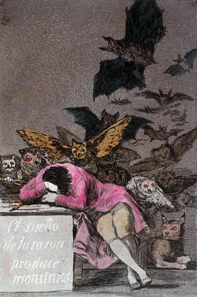 The Sleep of Reason Produces Monsters, plate 43 of 'Los Caprichos', published c.1810 (colour engravi van Francisco José de Goya