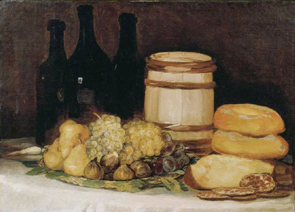 Stillleben mit Früchten, Flaschen und Broten van Francisco José de Goya