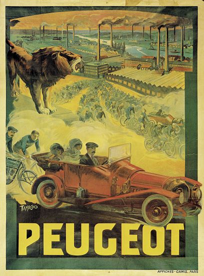 Poster advertising Peugeot cars van Francisco Tamagno