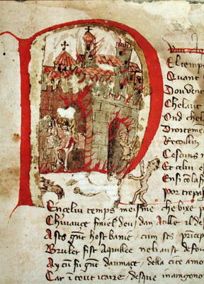 Ms Est 27 W 8.17 f.1r Historiated initial depicting Attila the Hun (c.406-453) burning the city of A van Franco-Italian School, (15th century)