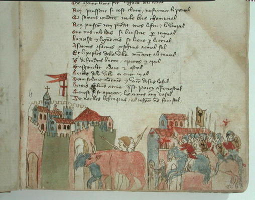 Ms Est 27 W 8.17 f.6r Peasants entering a town with their cattle and the arrival of Attila's army, f van Franco-Italian School, (15th century)