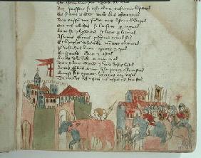 Ms Est 27 W 8.17 f.6r Peasants entering a town with their cattle and the arrival of Attila's army, f