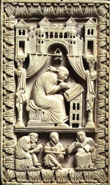 St. Gregory writing with scribes below, Carolingian van Franco-German School