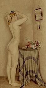 Frauenakt vor einem Spiegel, das Haar ordnend. van François Barraud