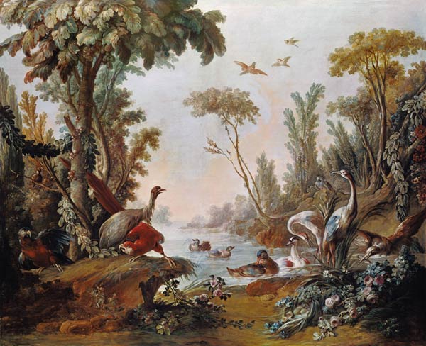 Lake with geese, storks, parrots and herons van François Boucher