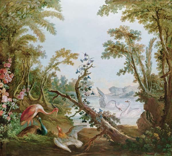 Lake with swans, a flamingo and various birds, from the salon of Gilles Demarteau van François Boucher