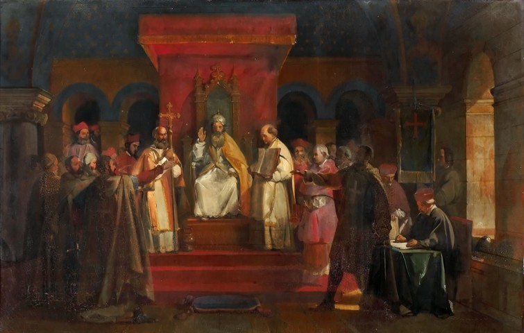Pope Honorius II granting official recognition to the Knights Templar in 1128 van François Marius Granet