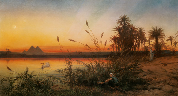 Blick von der Insel Roda zu den Pyramiden von Gizeh bei Sonnenuntergang van Frank Dillon