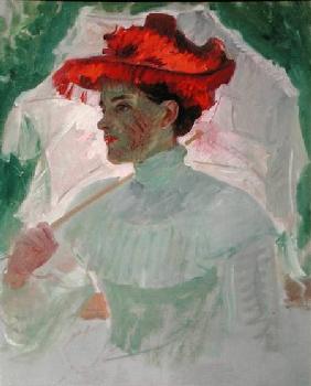 Woman with Red Hat and Parasol