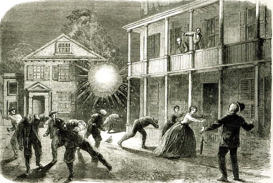 The Federals shelling the City of Charleston: Shell bursting in the streets in 1863 van Frank Vizetelly