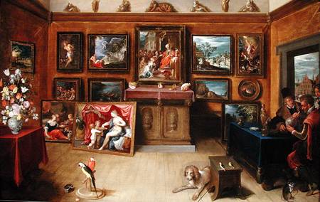 Picture Gallery with a Man of Science Making Measurements on a Globe van Frans Francken d. J.