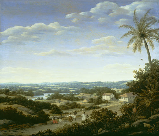 Brazilian landscape with natives on a road approaching a village van Frans Post