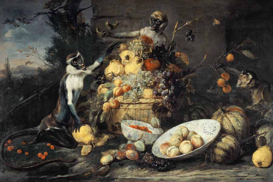 Stillleben mit Früchten und Affen van Frans Snyders