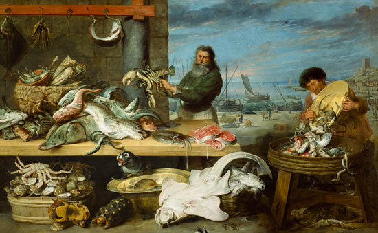 Ein Fischmarkt. (Die Figuren von C. de Vos gemalt) van Frans Snyders