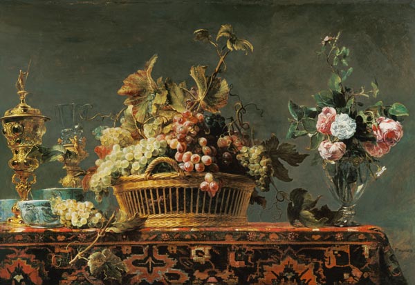 Druiven in een mand en rozen in een vaas van Frans Snyders