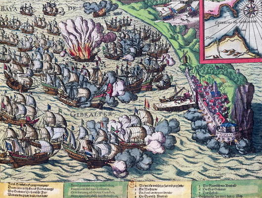 Fighting off the Coast of Gibraltar, printed on 25th May 1607 (coloured engraving) van Franz Hogenberg