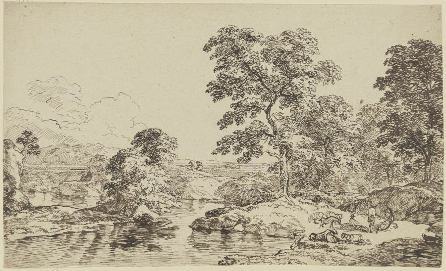 Bäume und Staffage an einem Gewässer van Franz Innocenz Josef Kobell