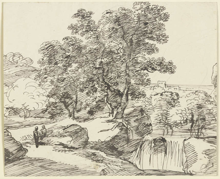 Baumbestandener Fluss mit Wasserfall van Franz Innocenz Josef Kobell