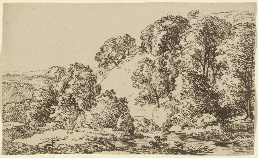 Baumbestandener Hügel, im Vordergrund ein Gewässer mit lagernden Wanderern van Franz Innocenz Josef Kobell