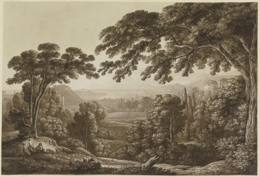 Baumreiche Berglandschaft mit Ruinen van Franz Innocenz Josef Kobell