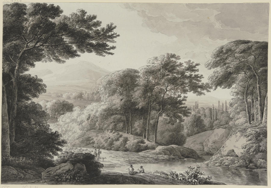 Baumreiche Landschaft mit Schafherde van Franz Innocenz Josef Kobell