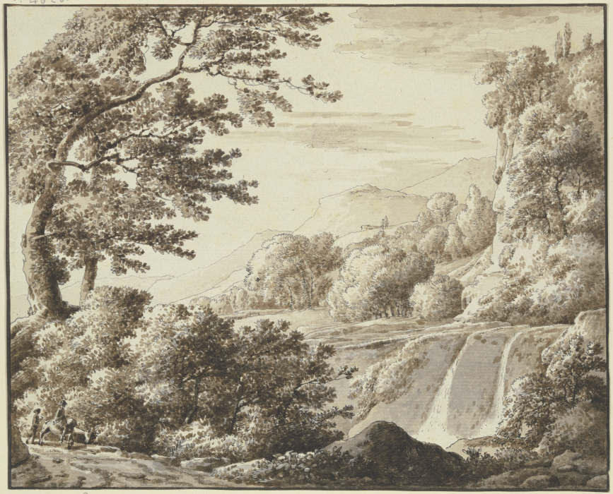 Baumreiche Landschaft mit Wasserfall van Franz Innocenz Josef Kobell