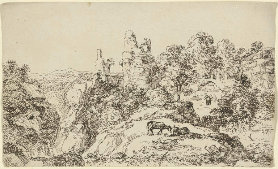 Bergige Landschaft mit Burgruine und weidenden Kühen van Franz Innocenz Josef Kobell