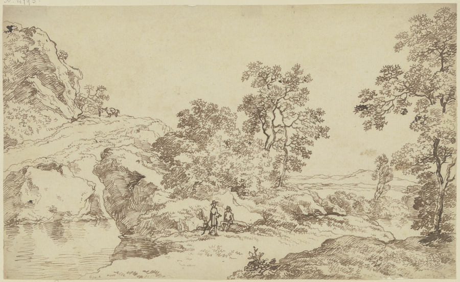 Berglandschaft mit Bäumen und Staffagefiguren van Franz Innocenz Josef Kobell