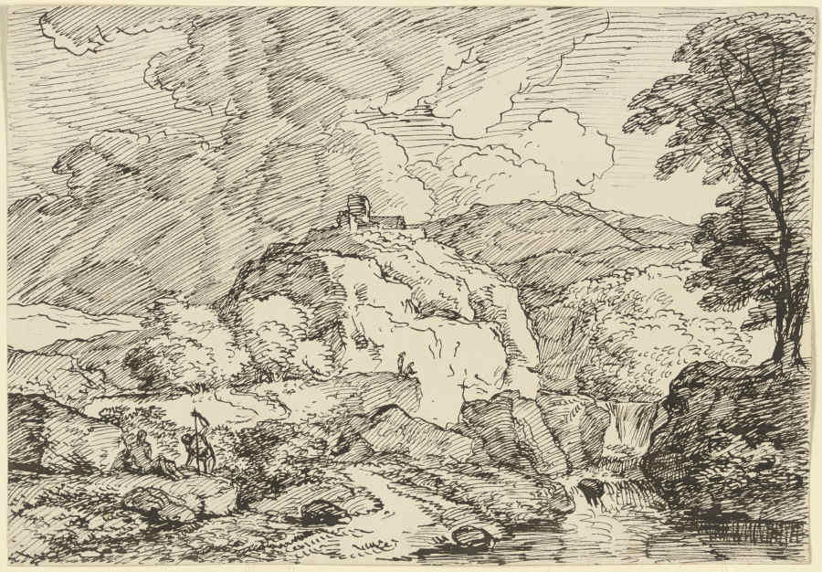 Berglandschaft mit einer Burg auf einem Felssporn und aufziehendem Gewitter, im Vordergrund zwei Wan van Franz Innocenz Josef Kobell
