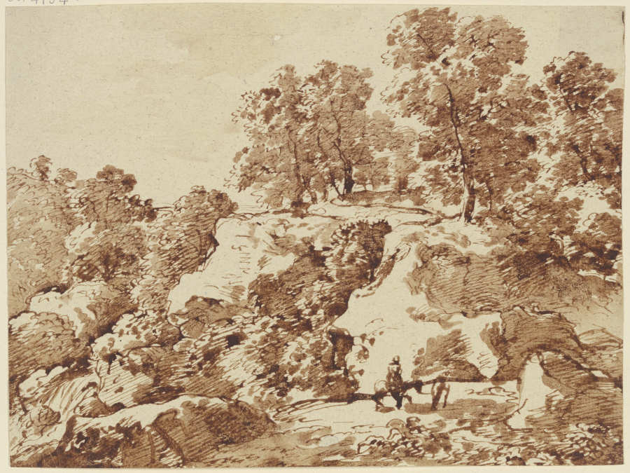 Berglandschaft mit hohen Bäumen und einem Reiter van Franz Innocenz Josef Kobell