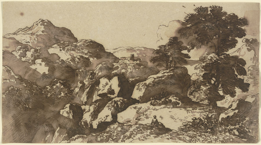 Berglandschaft mit weidenden Schafen, im Mittelgrund eine Burg van Franz Innocenz Josef Kobell