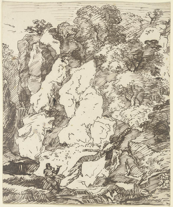 Ein rastender Wanderer zu Füßen einer Felswand sitzend, mit deiktischem Gestus auf diese weisend (?) van Franz Innocenz Josef Kobell