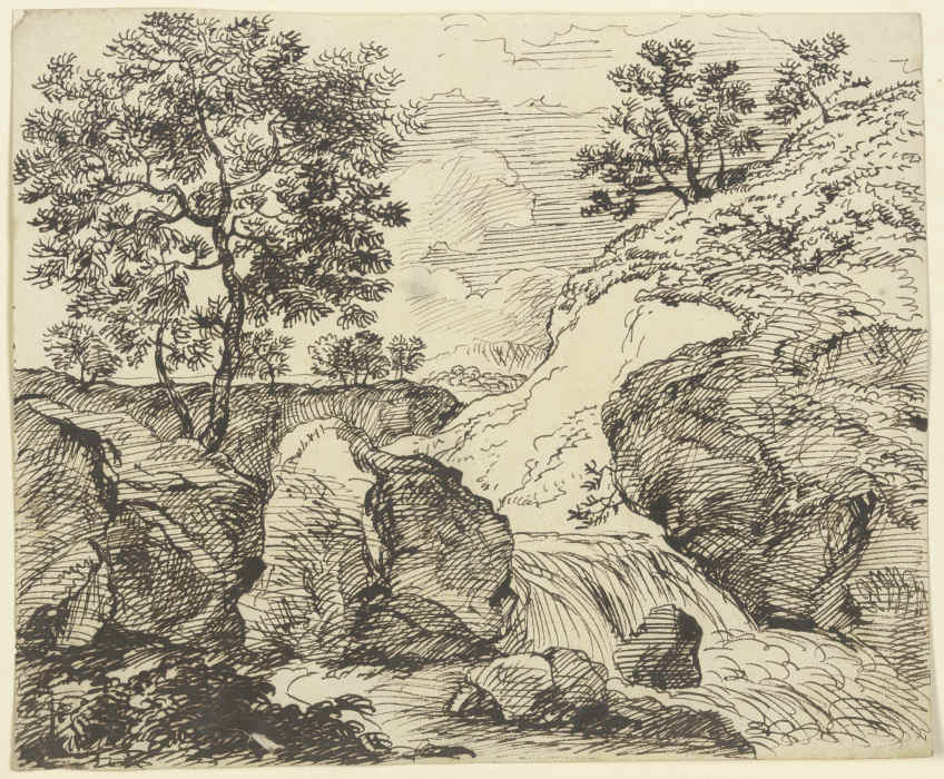 Erdrutsch an grasbewachsenem Hang an einem Fluss mit Wasserfall van Franz Innocenz Josef Kobell