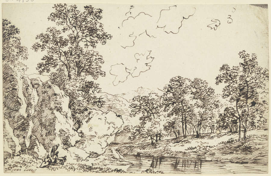 Felsige Landschaft mit Bäumen und Staffagefiguren van Franz Innocenz Josef Kobell